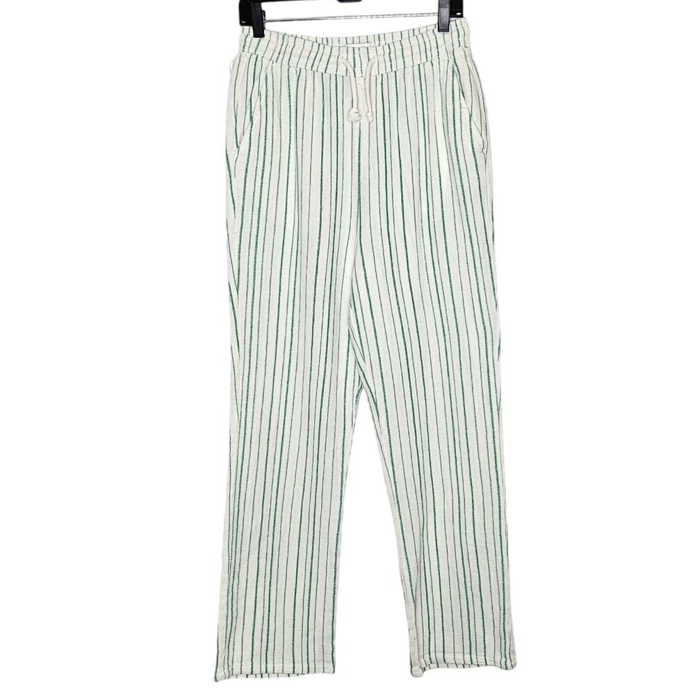 Topshop S White & Green Striped Elastic Waist‎ Cotton Pants With Drawstring